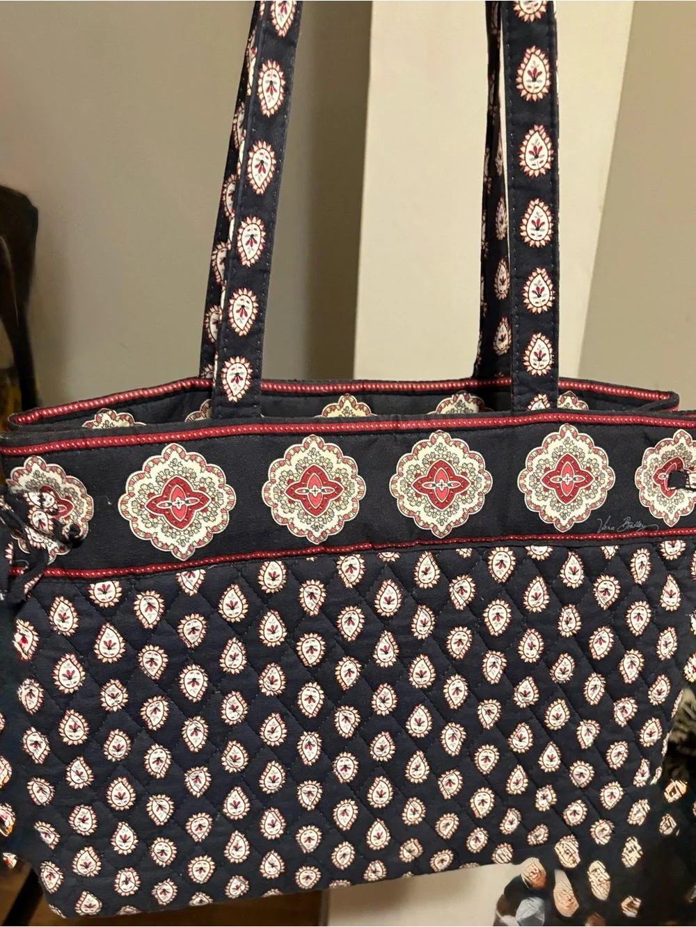 Vera Bradley Navy Quilted Paisley Tote with Red and Cream Accents